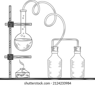 Sketch of a  physics or chemical laboratory experiment and equipment. Vector pharmaceutical glass flasks, beakers and test tubes in old engraving style.