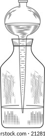 Sketch of a  physics or chemical laboratory experiment and equipment. Vector pharmaceutical glass flasks, beakers and test tubes in old engraving style.
