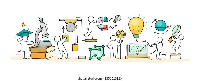 Sketch of physics lab with working little people. Doodle cute miniature of teamwork and science symbols. Hand drawn cartoon vector illustration for school subject design.