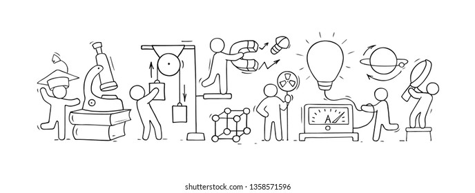 Sketch of physics lab with working little people. Doodle cute miniature of teamwork and science symbols. Hand drawn cartoon vector illustration for school subject design.