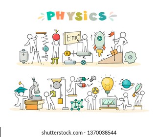 Sketch of physics lab with working little people. Doodle cute miniature of teamwork and science symbols. Hand drawn cartoon vector illustration for school subject design.