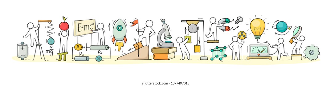 Sketch of physics lab with working little people. Doodle cute miniature of teamwork and science symbols. Hand drawn cartoon vector illustration for school subject design.