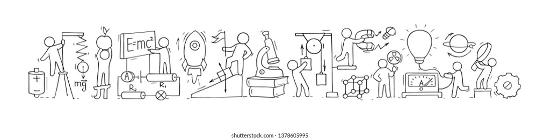 Sketch of physics lab with working little people. Doodle cute miniature of teamwork and science symbols. Hand drawn cartoon vector illustration for school subject design.