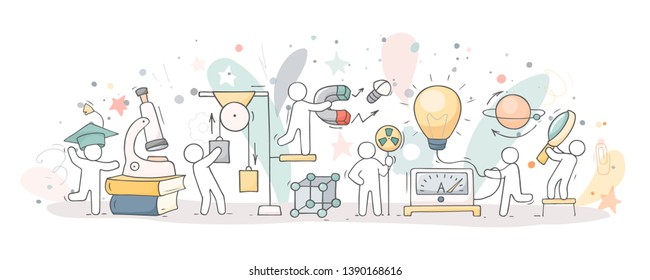 Sketch of physics lab with working little people. Doodle cute miniature of teamwork and science symbols. Hand drawn cartoon vector illustration for school subject design. - Shutterstock ID 1390168616