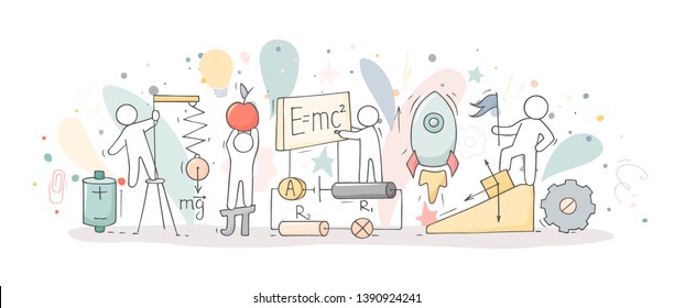 Sketch of physics lab with working little people. Doodle cute miniature of teamwork and science symbols. Hand drawn cartoon vector illustration for school subject design.