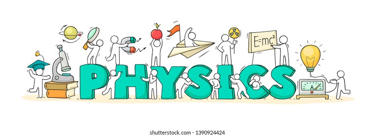 Sketch of physics lab with working little people. Doodle cute miniature of teamwork and science symbols. Hand drawn cartoon vector illustration for school subject design. - Shutterstock ID 1390924424
