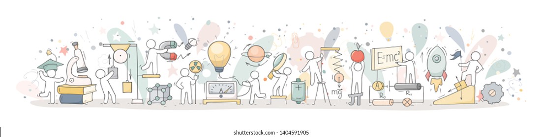 Sketch of physics lab with working little people. Doodle cute miniature of teamwork and science symbols. Hand drawn cartoon vector illustration for school subject design.