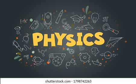 Sketch of physics lab with working little people. Doodle cute miniature of teamwork and science symbols. Hand drawn cartoon vector illustration for school subject design.