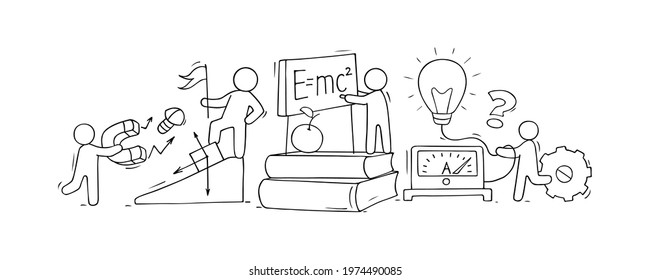 Sketch of physics lab with working little people. Doodle cute miniature of teamwork and science symbols. Hand drawn cartoon vector illustration for school subject design.