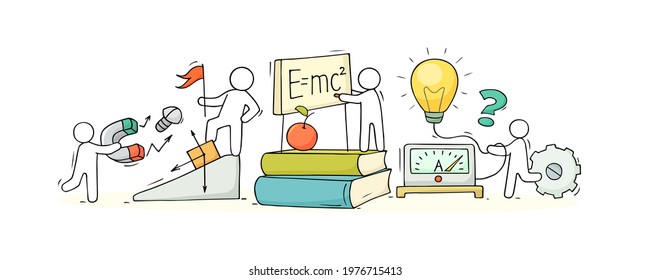 Sketch of physics lab with working little people. Doodle cute miniature of teamwork and science symbols. Hand drawn cartoon vector illustration for school subject design.