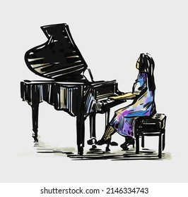 Sketch Of Piano Girl Hand Draw 