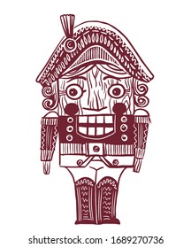 sketch picture isolate, wooden nutcracker doll for cracking nuts, sketch hand drawn digital vector illustration