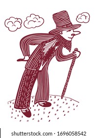 sketch picture old man in a hat and with a cane, in a striped suit, sketch, cardboard, hand-drawn cardboard digital vector illustration
