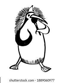 sketch picture rocker penguin in funny wig singing into microphone, comic hand drawn cartoon digital vector illustration