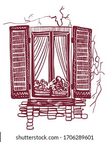 sketch picture set of elements background, window with wooden shutters and curtains in the old cracked wall in europe, sketch, hand drawn digital vector illustration