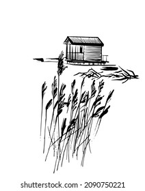 sketch picture wooden fishing house on stilts by the lake, sketch, against the background of the lake and thickets of reeds, hand drawn digital vector illustration