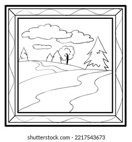 sketch pictures with nature and landscape, coloring book, cartoon illustration, isolated object on white background, vector, eps