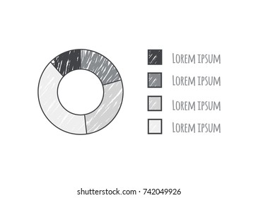 Sketch of pie diagram data divided on sectors of different shades, explanation and information on each segment vector illustration