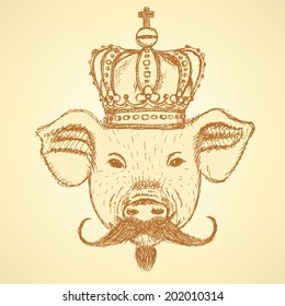 Sketch pig in crown with mustache, vector vintage background