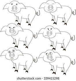 Sketch of the pig with different emotions: happy, confused, angry, astonished, clever, confused. Black lines on white background, design element, clip art