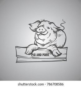 sketch of pig. engraved pig and pork.