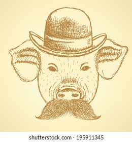 Sketch pig in hat with mustache, vector vintage background