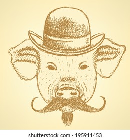 Sketch pig in hat with mustache, vector vintage background