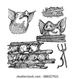 Sketch of pig.
Pork. different poses pigs. pigs engraved image. Funny pig. a set of pigs. sketch ink pigs.