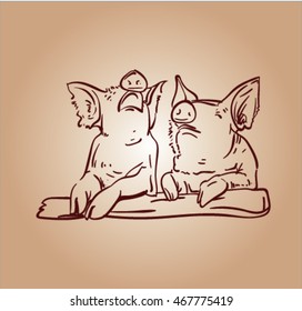 Sketch of pig.
Pork. different poses pigs. pigs engraved image. Funny pig. a set of pigs. sketch ink pigs.