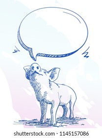 Sketch of pig sniffs speech bubble, Hand drawn blue vector illustration