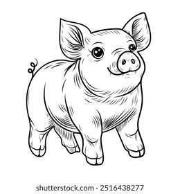Sketch of a pig. Standing. In line art style. Vintage illustration. Element for label, packaging and postcard design.