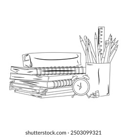 sketch of pile of books and stationery. vector illustration. 