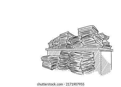 Sketch of pile of documents. Business concept for unfinished work and heavy workload.