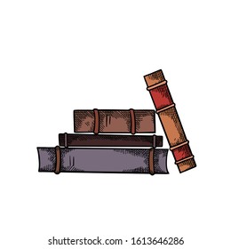 Sketch piles of books with hatching front view. Engraving color drawing. Knowledge and wisdom. Vector image for badges, cards, slides and your creativity.