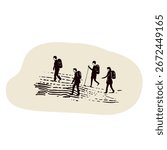 Sketch of pilgrim group with hat, rucksack and shell walking on path . For Canterbury pilgrims way or Santiago de Compostela religious pilgrimage walk people vector icon drawing.