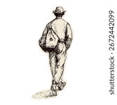 Sketch of pilgrim man with hat, rucksack and shell walking on path. For Canterbury pilgrims way or Santiago de Compostela religious pilgrimage walk icon drawing.Vintage black and white minimal style