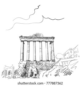 Sketch of pillars of temple of Saturn in Roman Forum, Rome, Italy. Hand drawn vector illustration, December 19, 2017 