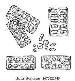 Sketch-Tabletten. Kapseln, Tabletten und Tabletten in Blisterpackungen. Handgezeichnete medizinische Illustration.