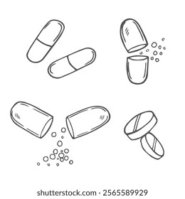 Sketch pills. Capsules, pills and tablets in blister packs. Hand drawn medical illustration.