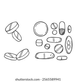 Sketch pills. Capsules, pills and tablets in blister packs. Hand drawn medical illustration.