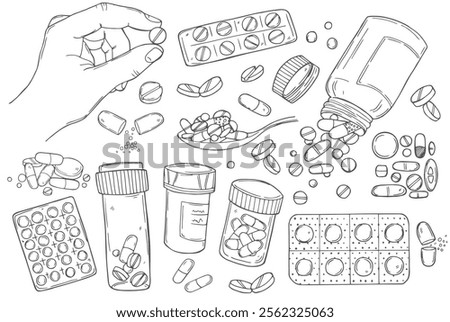 Sketch pills set. Capsules, pills and tablets in blister packs. Hand drawn medical illustration.