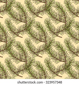 Sketch pine branch in vintage style, vector seamless pattern