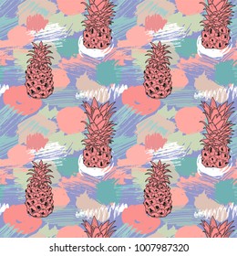 Sketch pineapples hand drawn on background with colorful watercolor splashes and brush strokes, seamless pattern