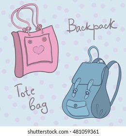 Sketch of pink bag and blue backpack on the background with dots