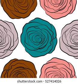 Sketch with pink, brown and neutral flowers. Hand drawn. Seamless rose pattern.