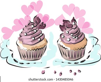 Sketch of Pink cupcakes with blueberries