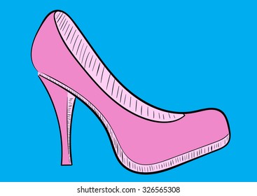 The sketch of a pink female shoe on a blue background