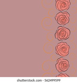 Sketch with pink, neutral and orange flowers. Hand drawn. Vertical seamless rose pattern with copy space (place for your text).