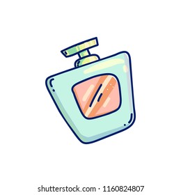 Sketch pink perfume closeup on white background. Perfume bottle icon. Vector illustration graphic design. Cosmetic product. Doodle icon, sticker.