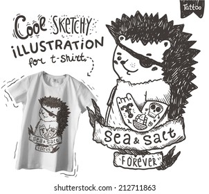 Sketch pirate hedgehog print for t-shirt.